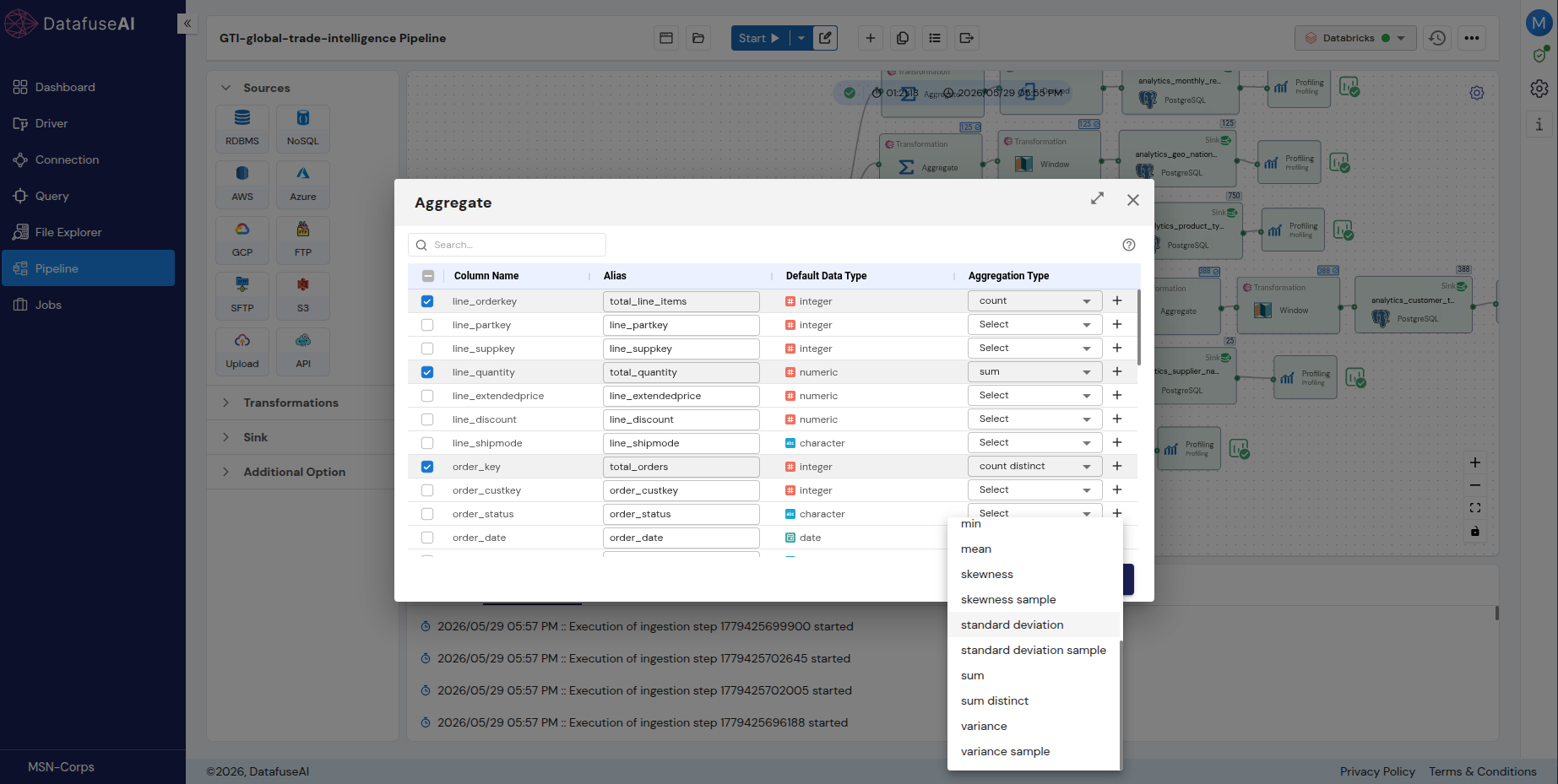 The Aggregate transform modal in DataFuseAI, listing incoming columns with alias, data type and aggregation type, with the aggregation type dropdown open on a scrolled list of statistical functions.