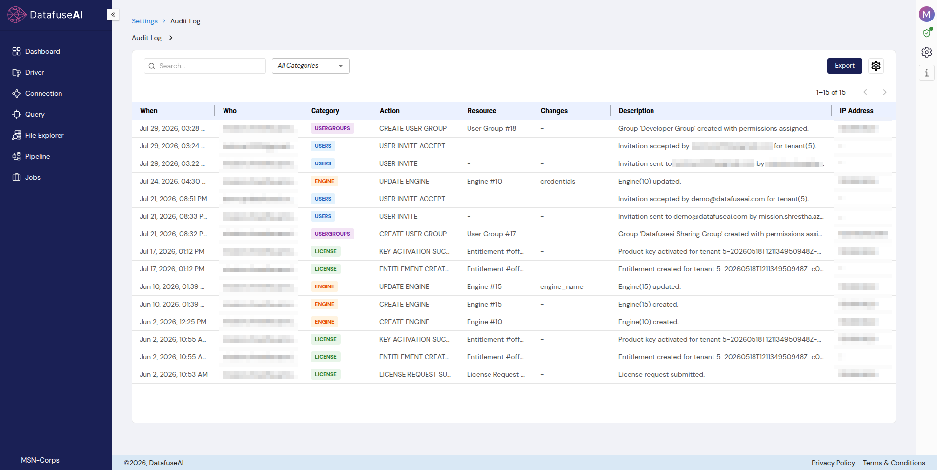DataFuseAI Audit Log under Settings, with a category filter and an Export control above a table of When, Who, Category, Action, Resource, Changes, Description and IP Address columns.
