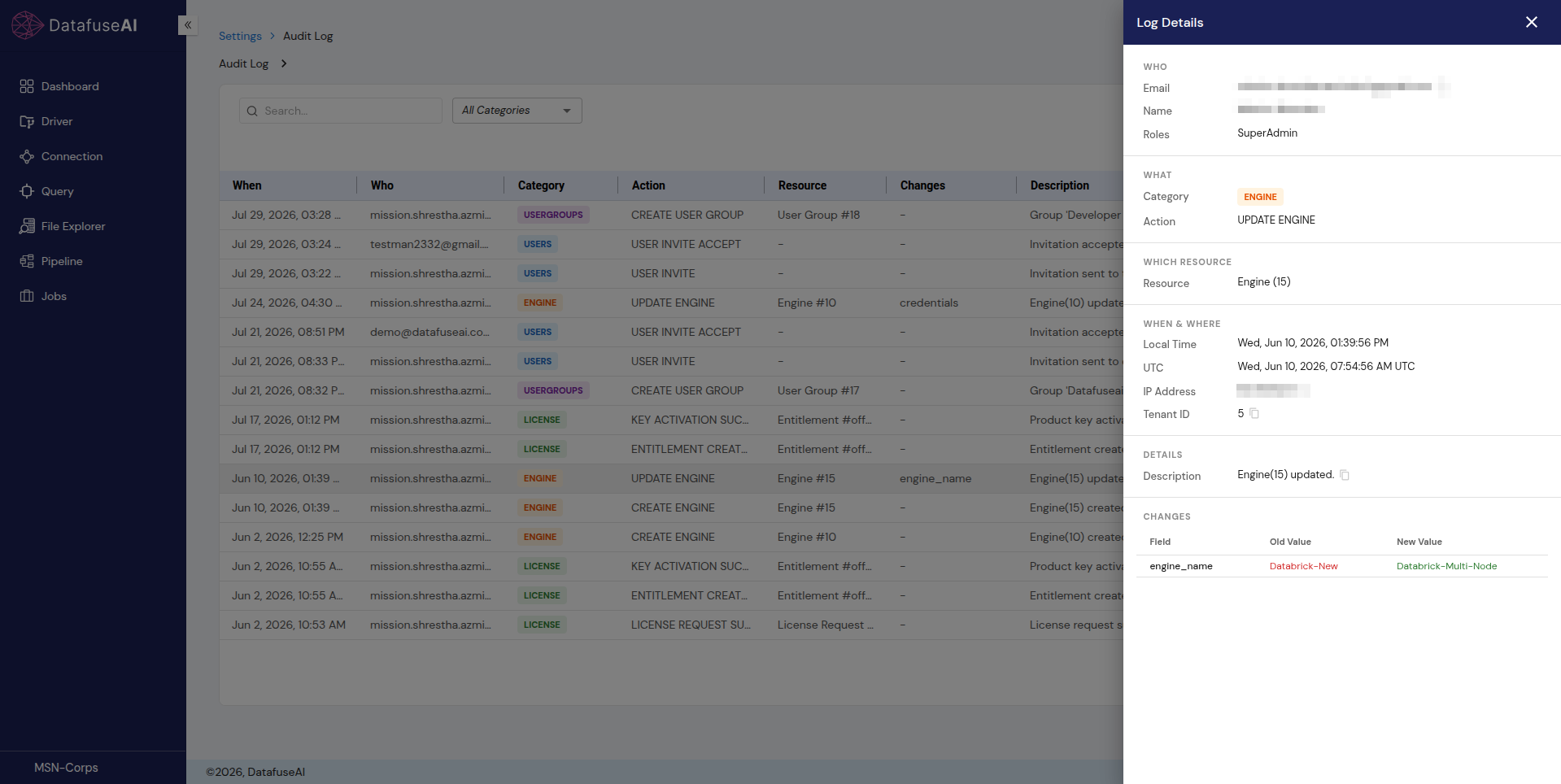 DataFuseAI Log Details drawer for an UPDATE ENGINE entry, showing a CHANGES table where the engine_name field moves from Databrick-New to Databrick-Multi-Node.