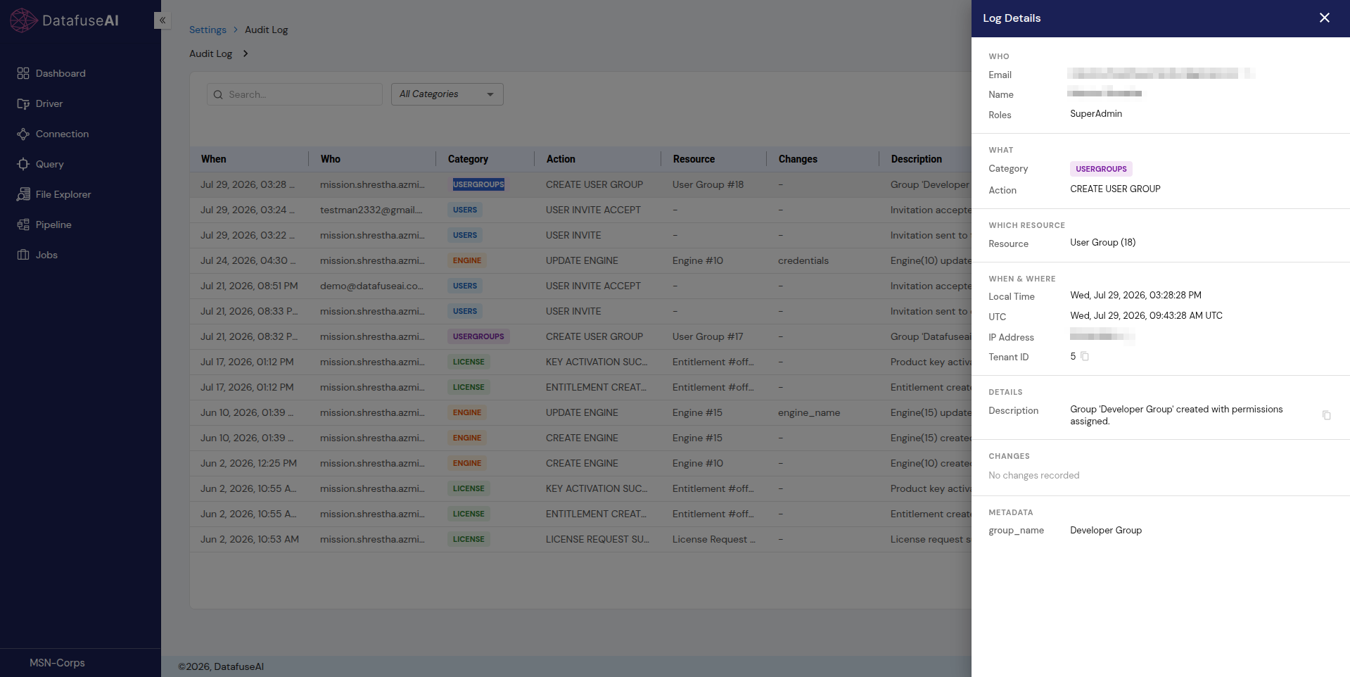 DataFuseAI Log Details drawer for a CREATE USER GROUP entry against User Group (18), with group_name Developer Group under METADATA and No changes recorded under CHANGES.