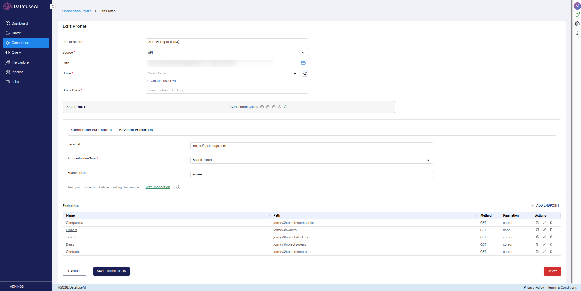 Connection profile form for a REST API source, showing a base URL field, a bearer-token authentication field with the value masked, and an endpoints table listing a name, path, request method, and pagination mode for each configured endpoint.