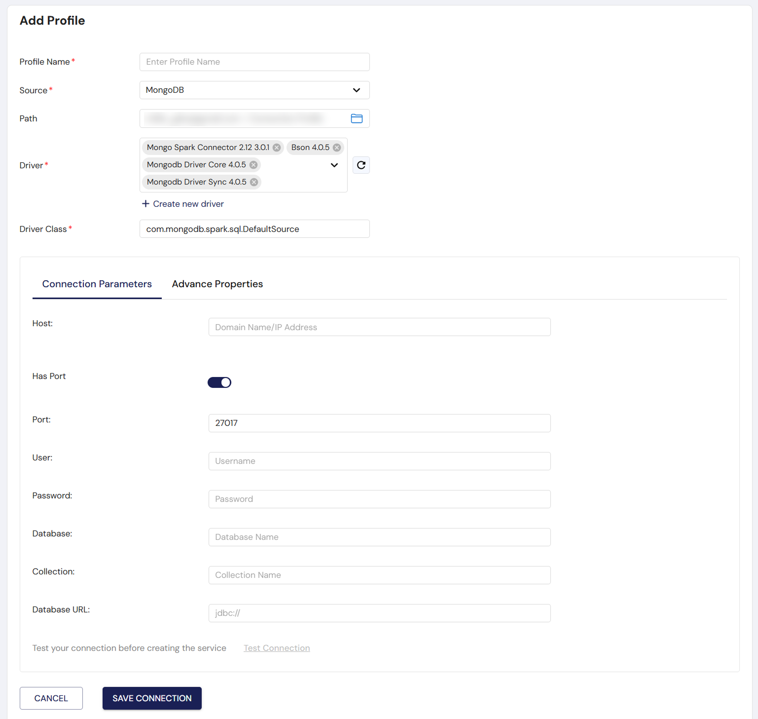 Add-profile form with MongoDB selected as the source, showing the Spark connector and driver JARs in the driver field, a driver class, and connection parameters for host, port, user, password, database, and collection.