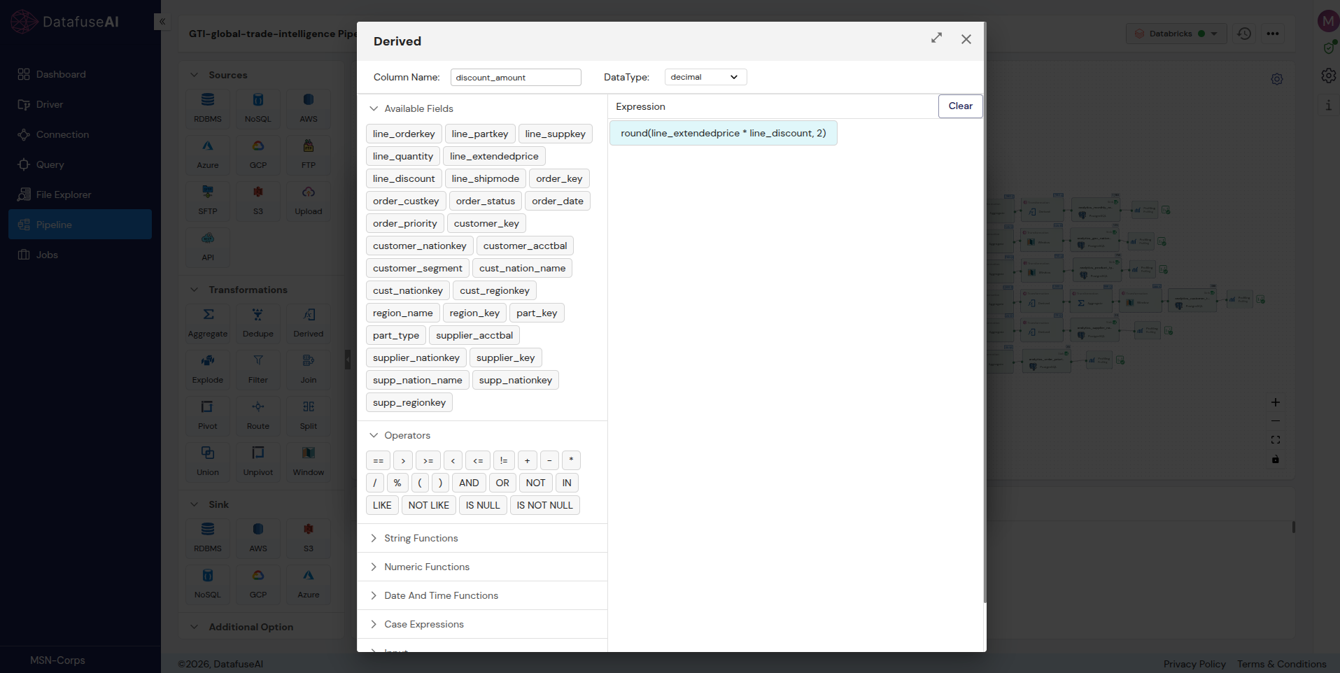 The Derived transform modal in DataFuseAI, with a new column name and data type, the available field chips, the operator buttons, the collapsed function groups and the built expression.