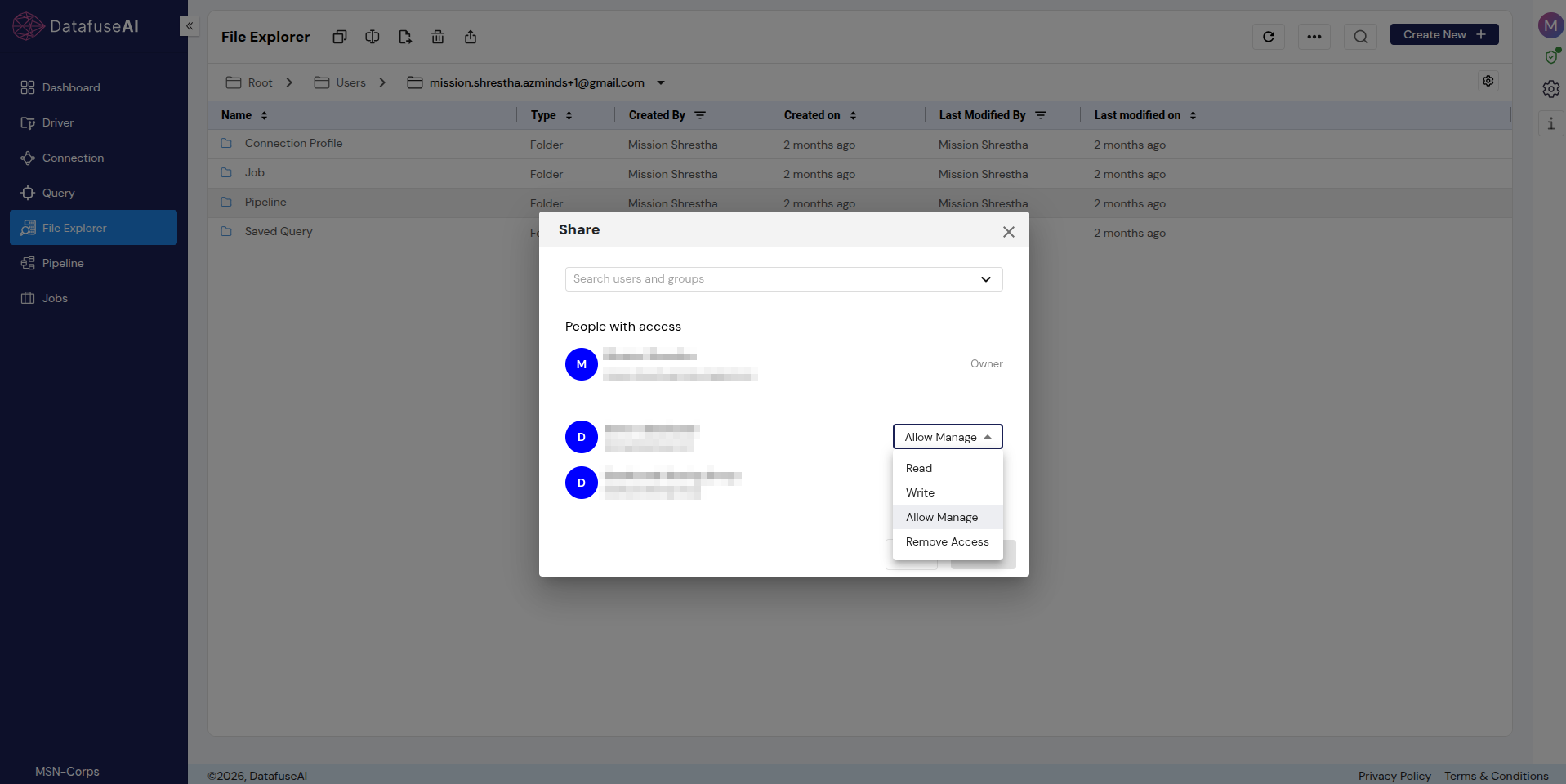 DataFuseAI File Explorer Share modal showing a People with access list with an Owner row and a per-person permission dropdown open on Read, Write, Allow Manage and Remove Access.