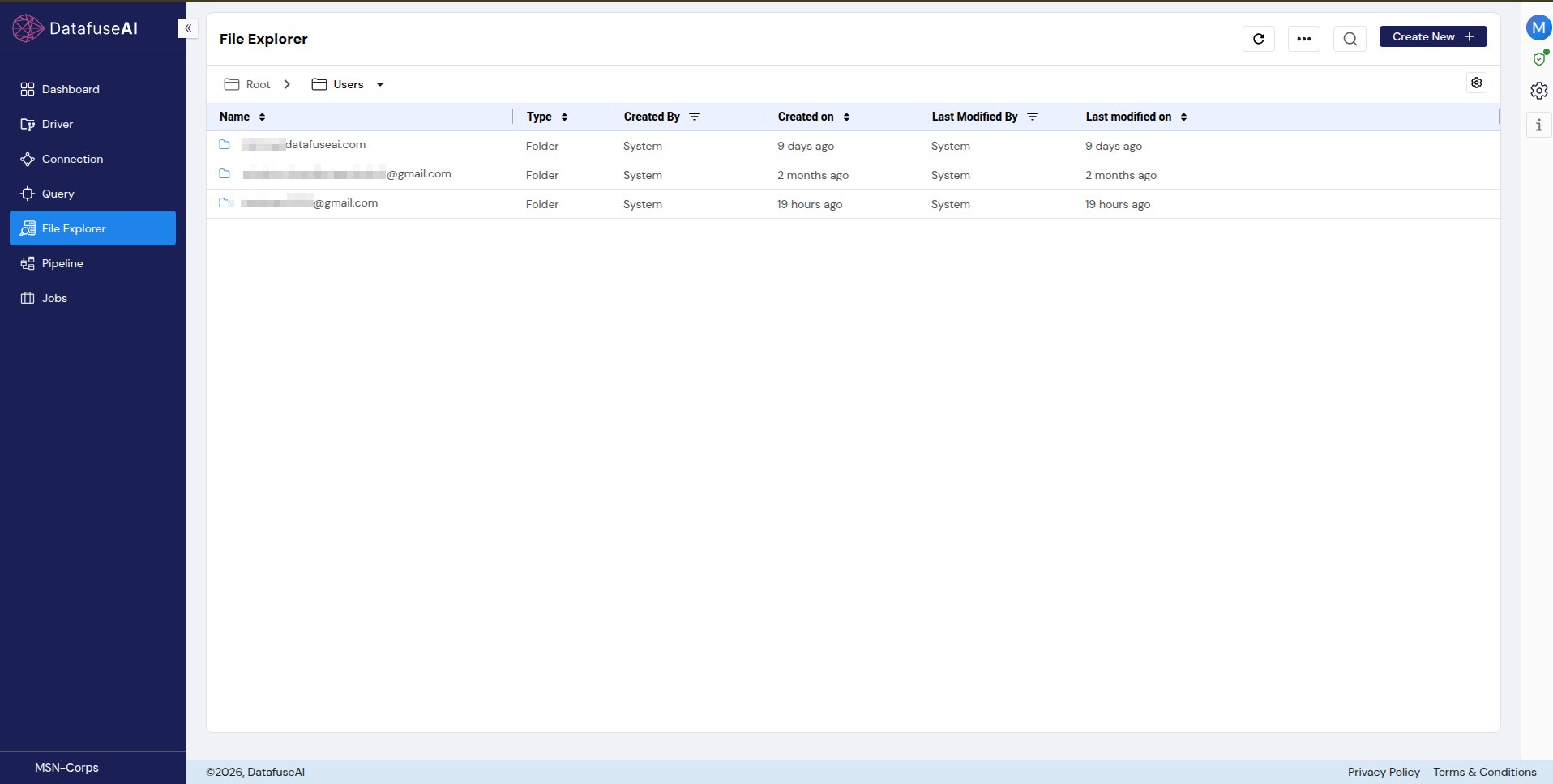 DataFuseAI File Explorer at Root then Users, listing per-user folders each created by System, with Type, Created By, Created on, Last Modified By and Last modified on columns.