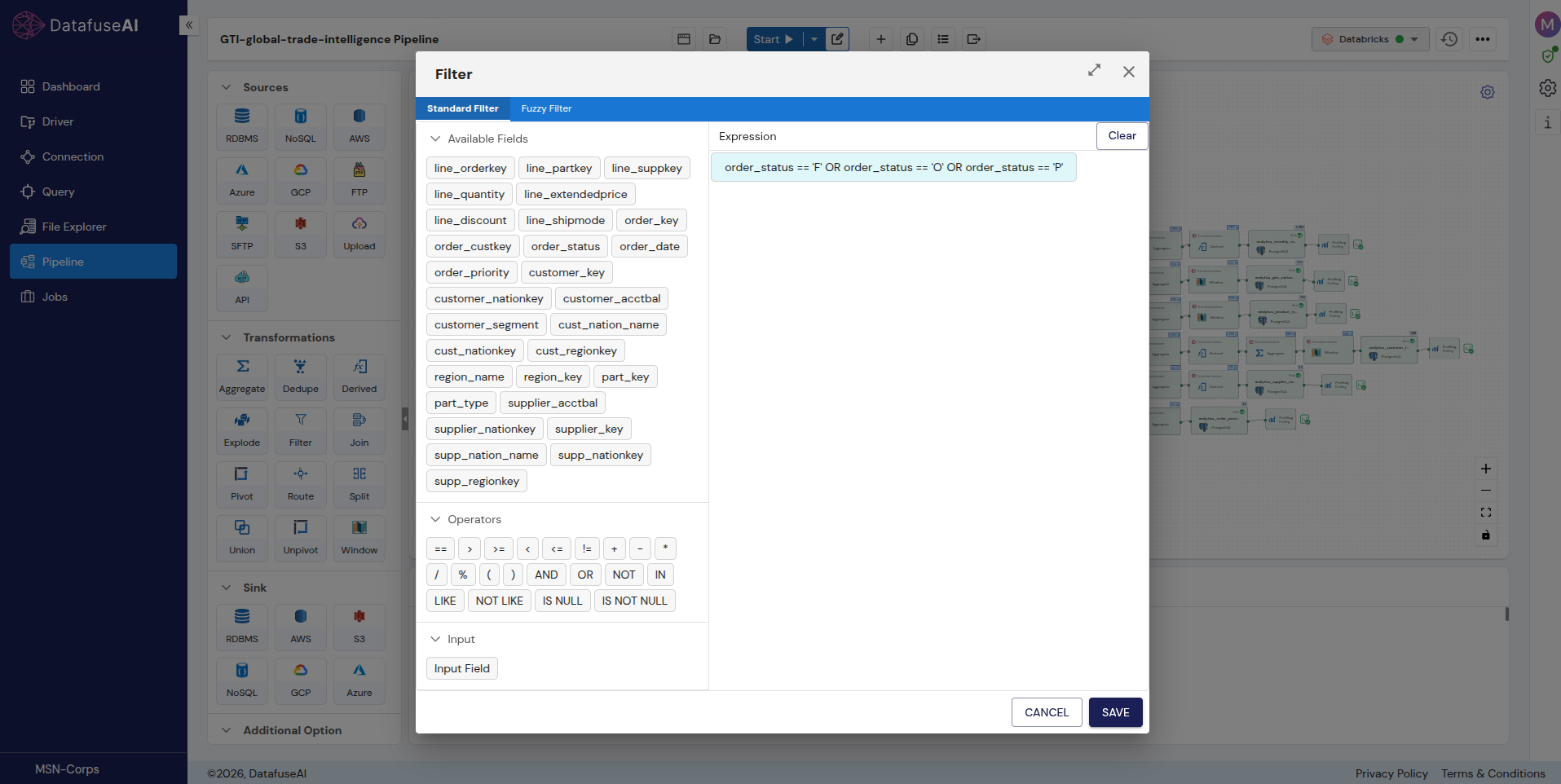The Filter transform configuration modal in DataFuseAI, showing the Standard Filter and Fuzzy Filter tabs, the available field chips, the operator buttons and the built filter expression.