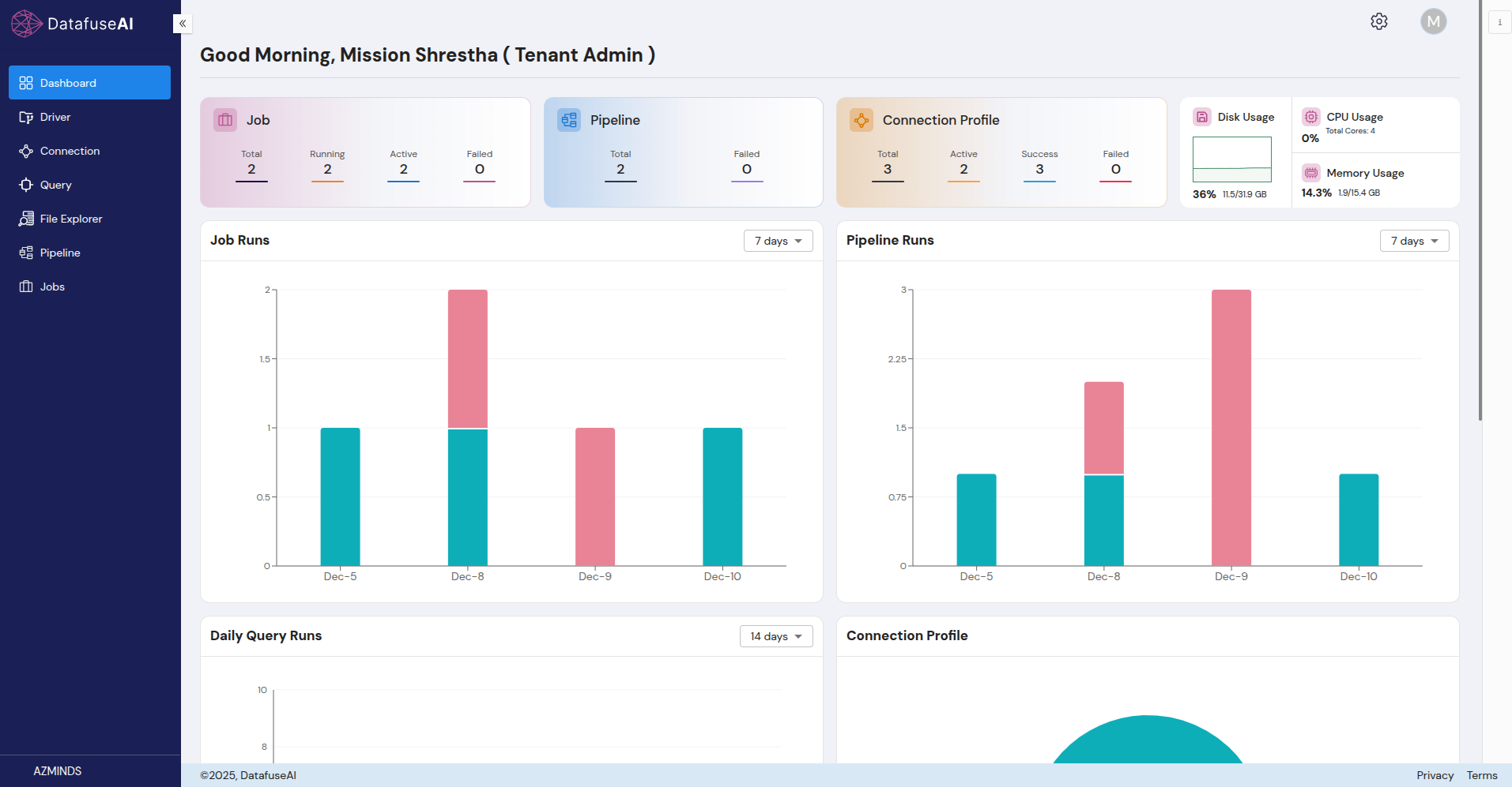 DataFuseAI dashboard showing job, pipeline, and connection profile activity
