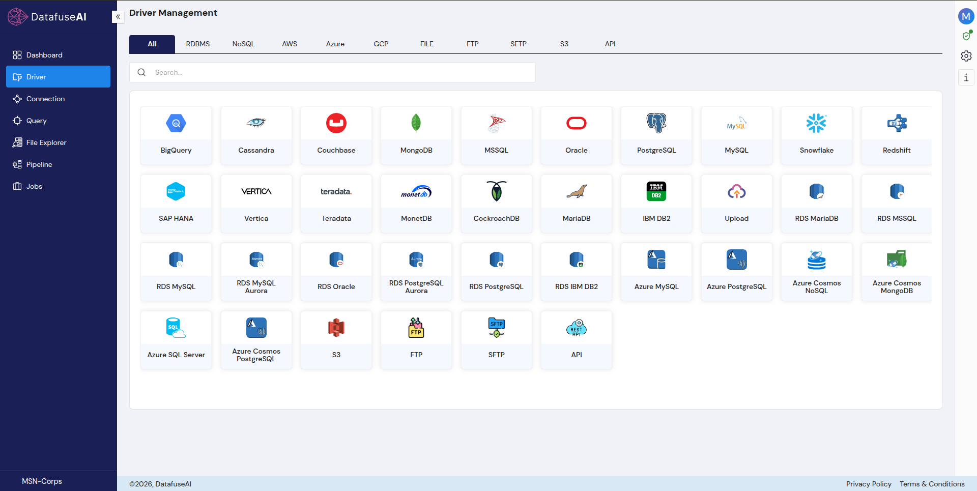 Driver management connector catalog on the All tab, showing rows of connector tiles spanning relational databases, NoSQL document and wide-column stores, cloud warehouses, managed cloud database families, and object-storage, file-transport, and API tiles, above a strip of family filter tabs.