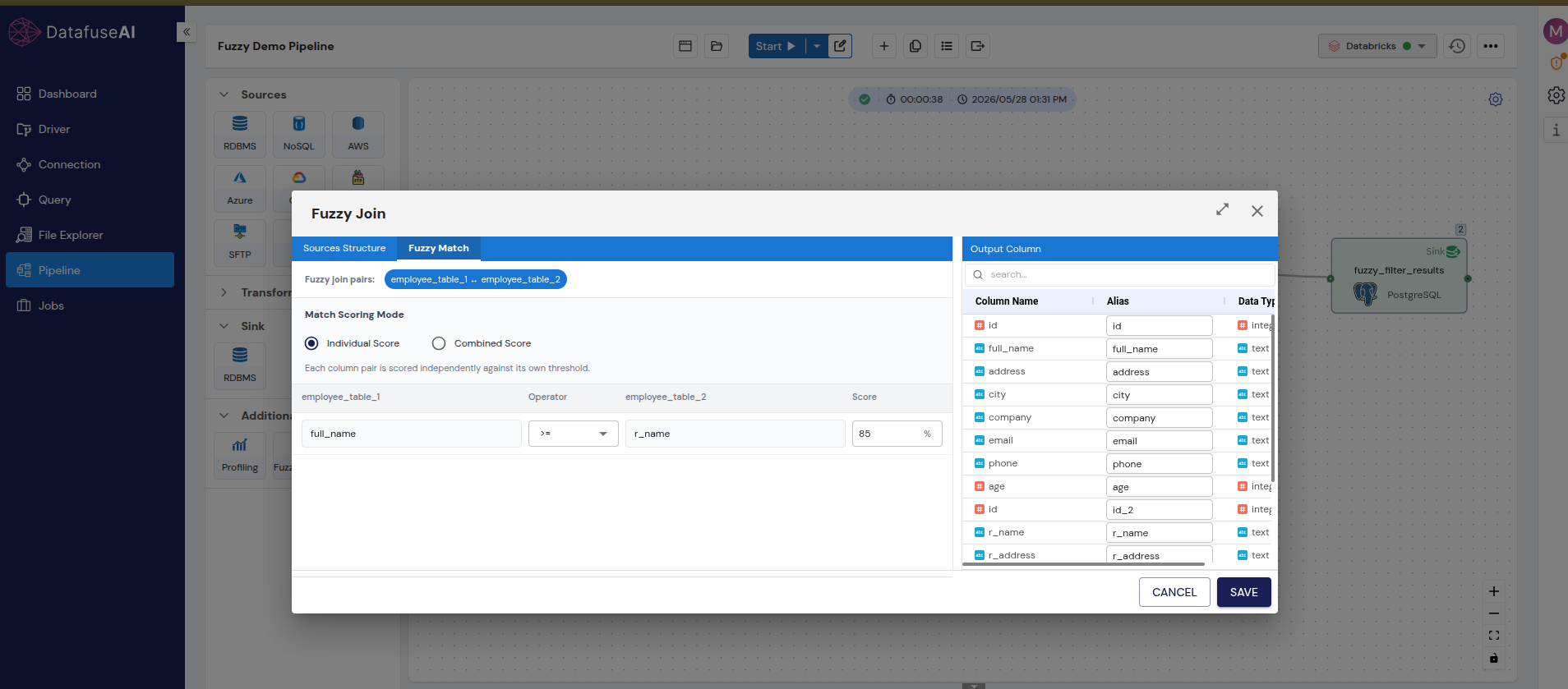 DataFuseAI Fuzzy Join dialog open on the Fuzzy Match tab, with Match Scoring Mode set to Individual Score, the pair full_name matched against r_name using the greater-than-or-equal operator at a score of 85 percent, and the output column list on the right.