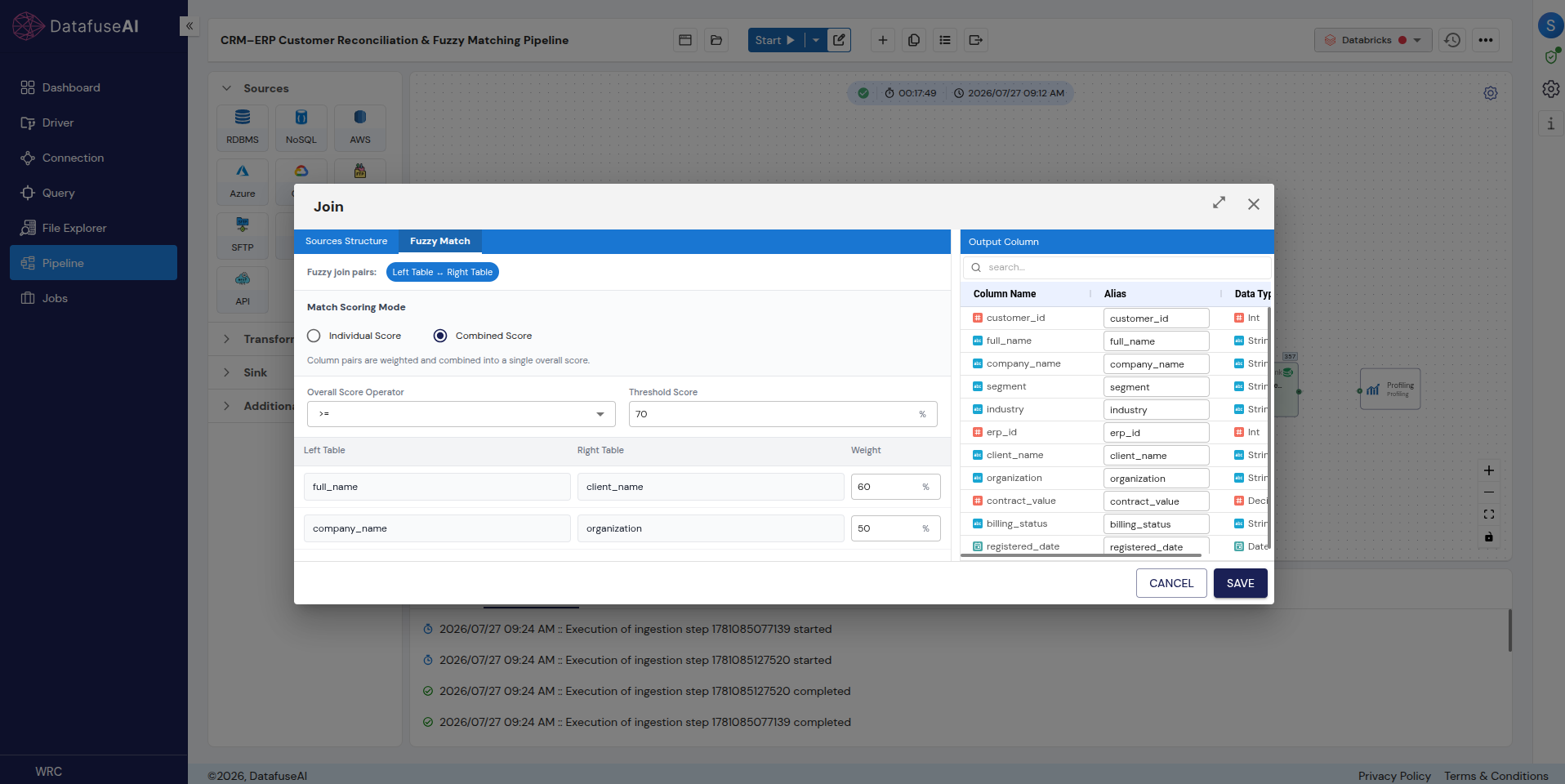 Join transform modal on its Fuzzy Match tab, Combined Score mode, weighting full_name to client_name at 60 and company_name to organization at 50 against a threshold of 70.