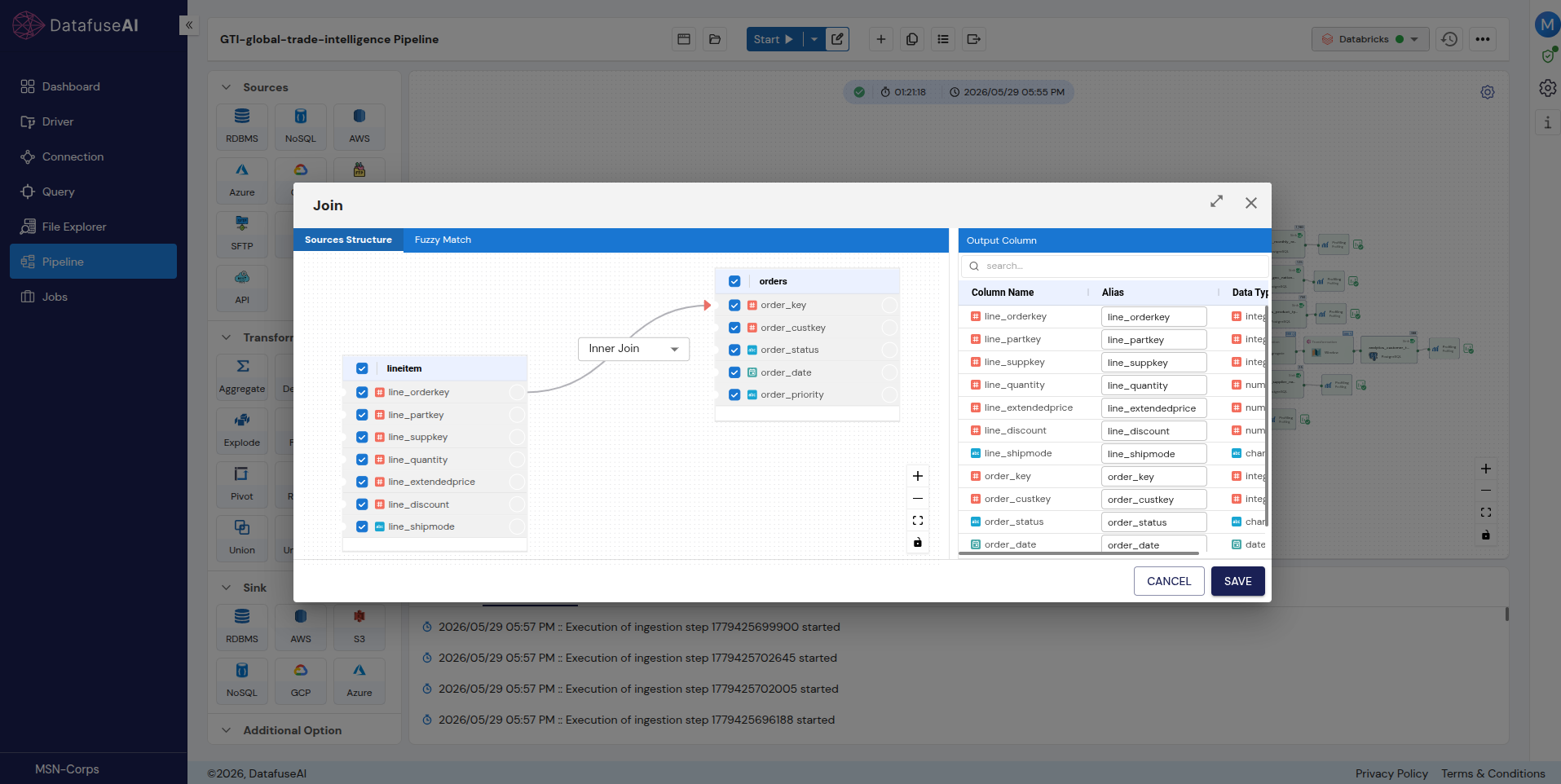 The Join transform modal in DataFuseAI, with two source structures mapped key to key, an Inner Join type selected, and the output column list with aliases and data types.