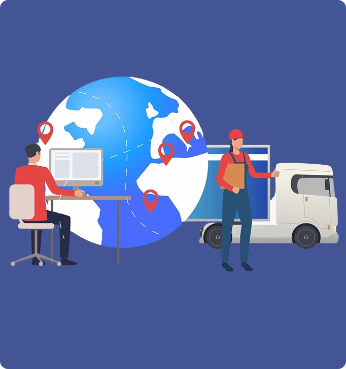 Illustration of connected global shipment data: an analyst at a dual-monitor workstation, a globe marked with location pins, and a delivery driver standing beside a box truck.