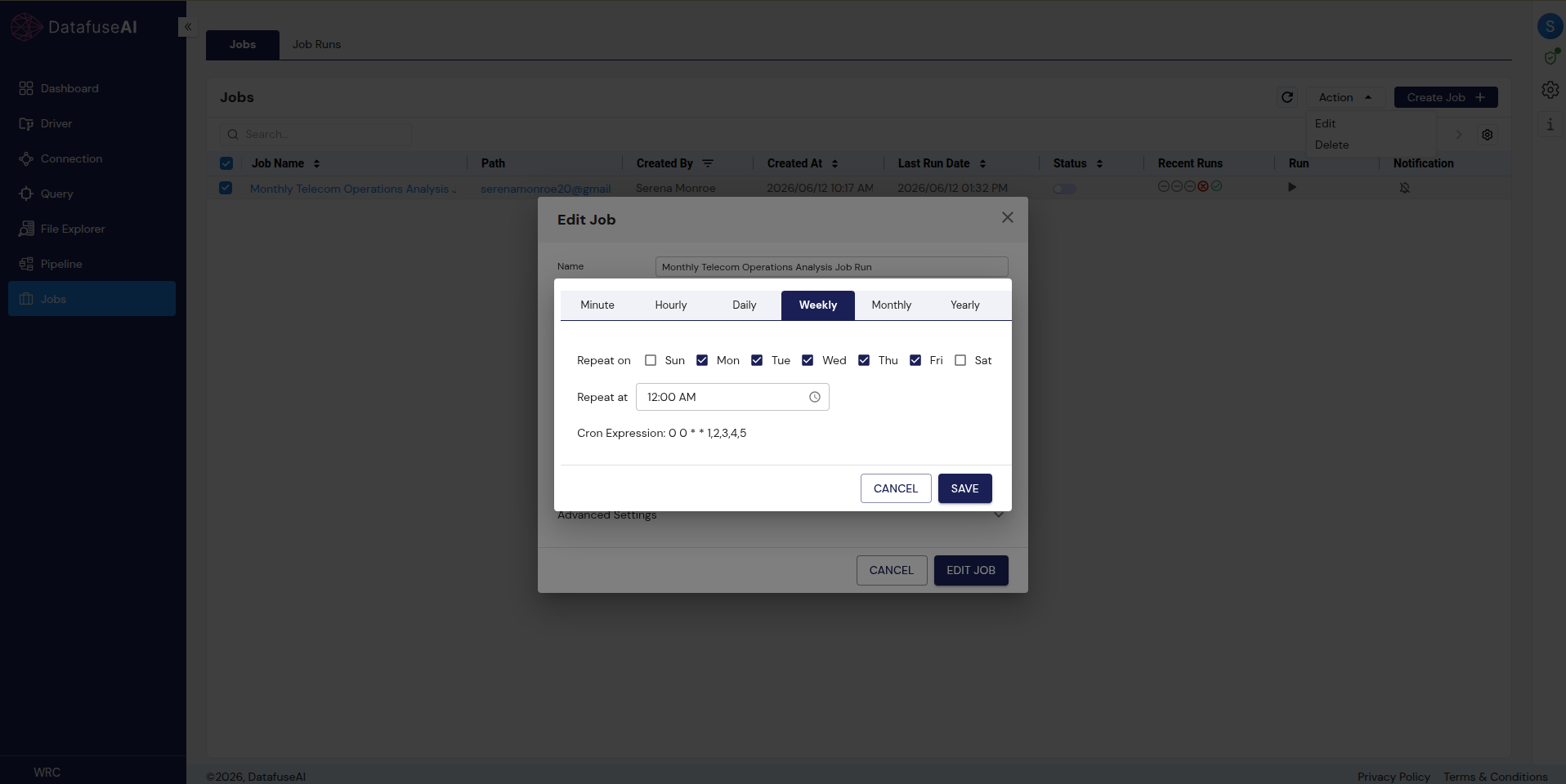 DataFuseAI Jobs "Edit Job" scheduler with Weekly recurrence, Monday to Friday checked, Repeat at 12:00 AM, generating the cron expression 0 0 * * 1,2,3,4,5.