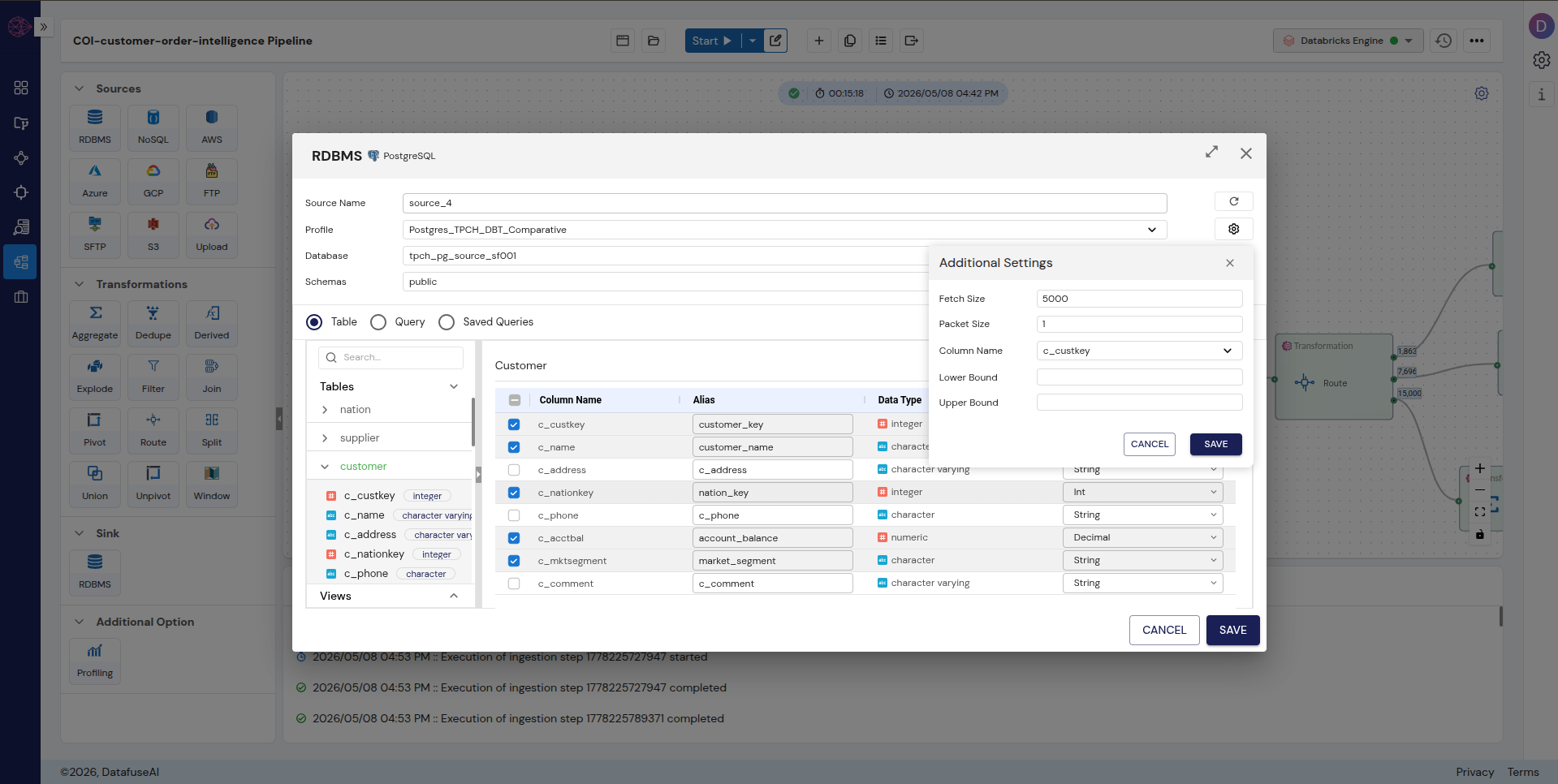 DataFuseAI RDBMS source configuration screen showing a searchable Tables tree with nation, supplier and customer, the customer table's column list with aliases and data types, and an Additional Settings popover with Fetch Size 5000, Packet Size, Column Name, Lower Bound and Upper Bound.