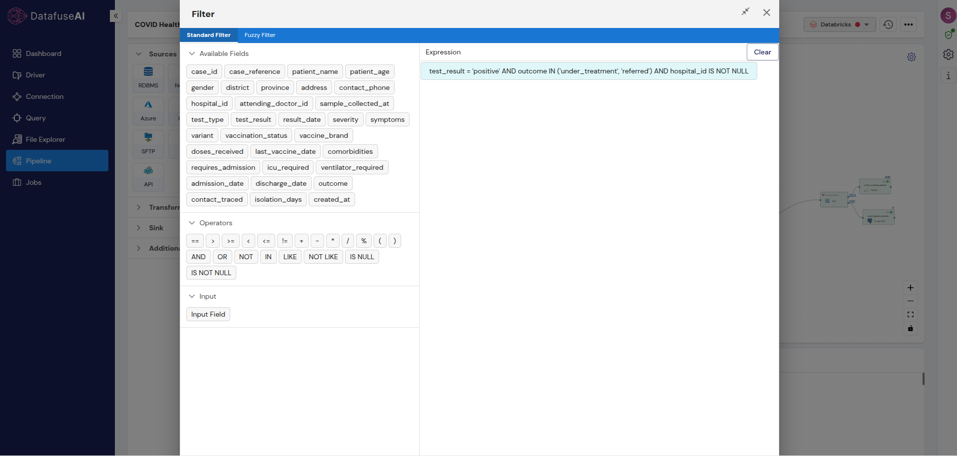 DataFuseAI transformation editor showing the Filter step configuration in the COVID Healthcare Capacity & Surge Analytics Pipeline, filtering for a positive test result, a status of under treatment or referred, and a known facility.
