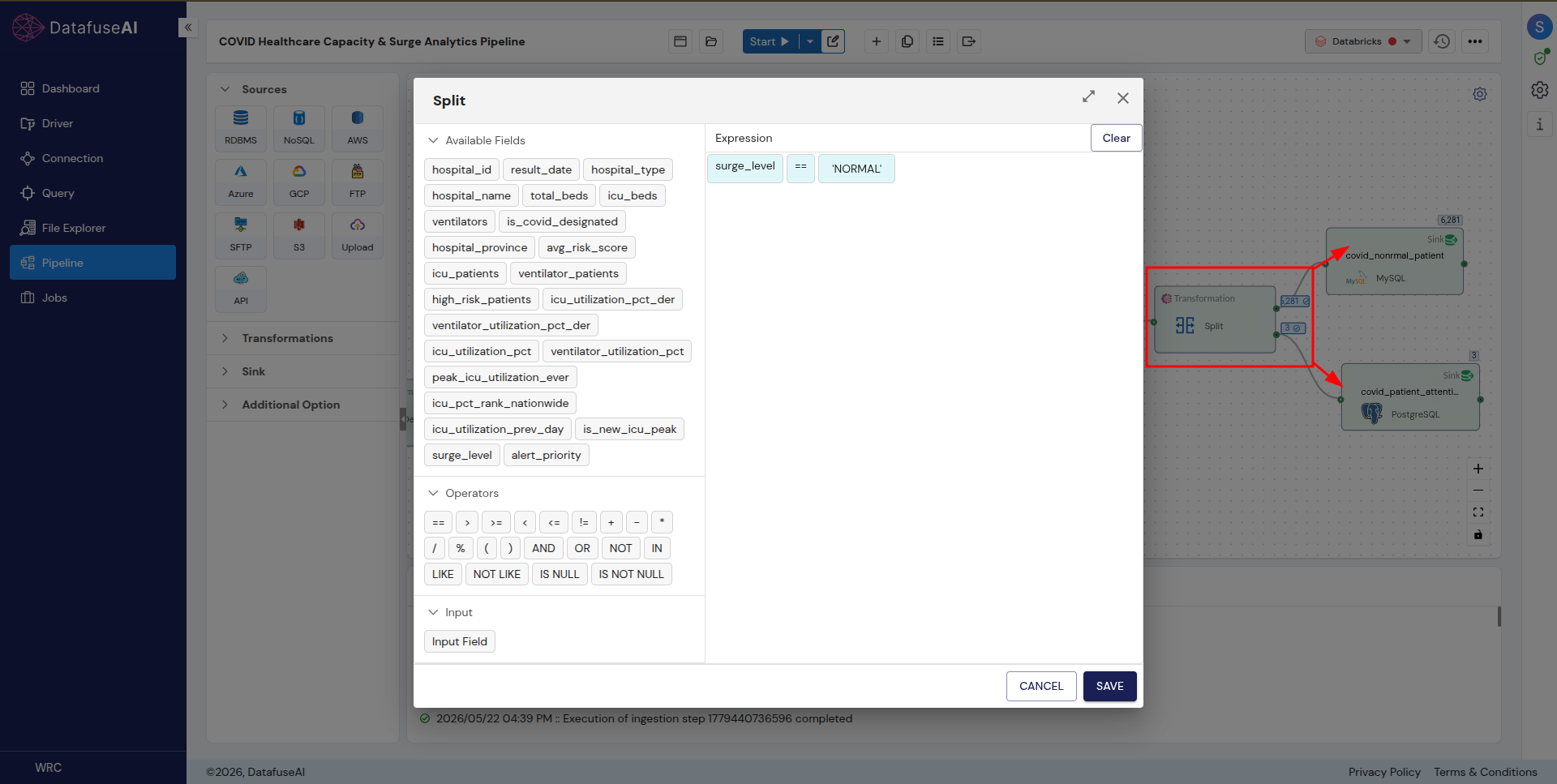 DataFuseAI transformation editor showing the Split step in the COVID Healthcare Capacity & Surge Analytics Pipeline, with a condition testing whether surge level is normal, and two output arrows leaving the node on the canvas behind the dialog.