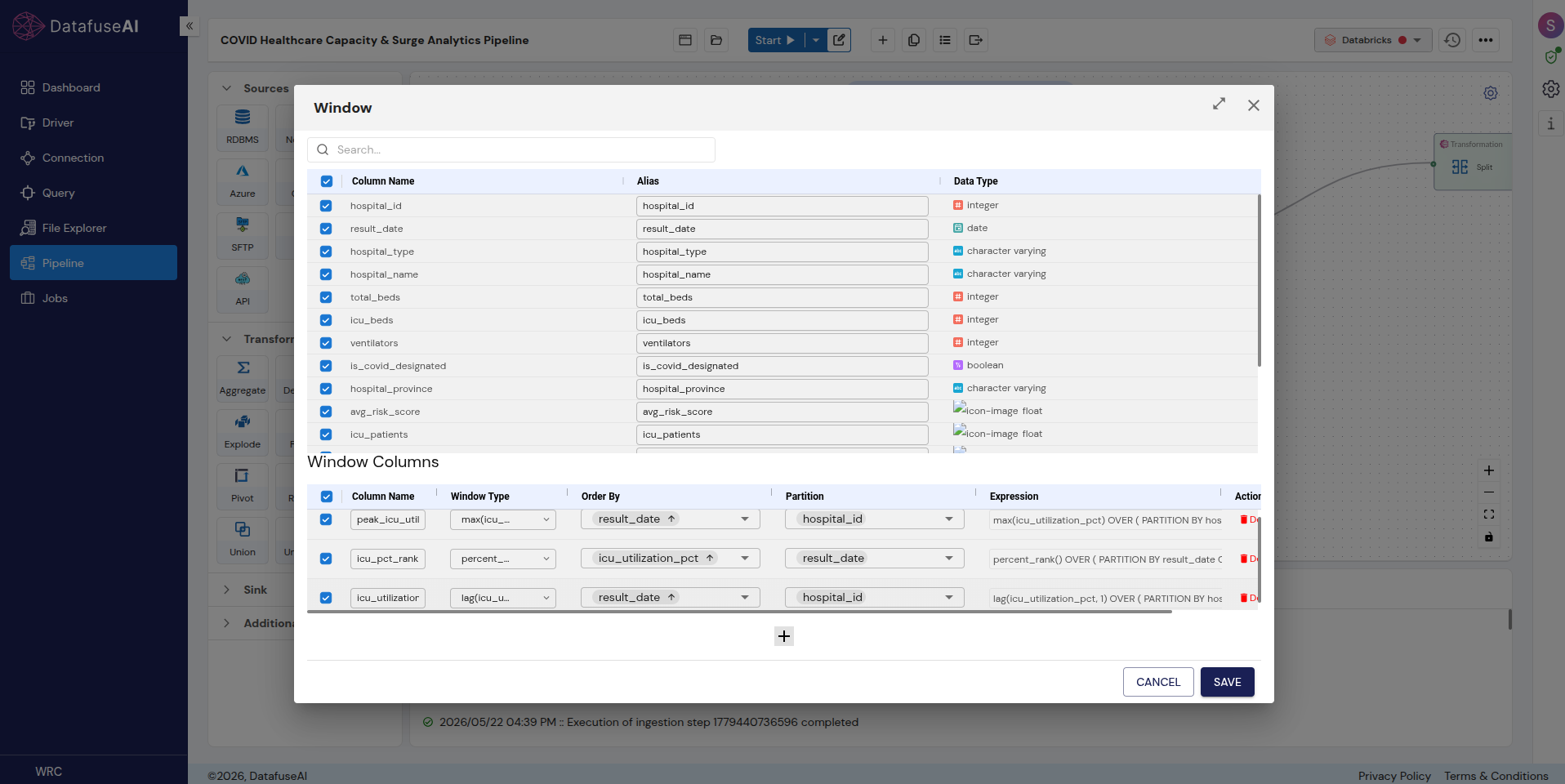 DataFuseAI transformation editor showing the Window step in the COVID Healthcare Capacity & Surge Analytics Pipeline, computing the highest ICU usage per hospital, a ranking against other facilities, and a comparison with the previous period, grouped by hospital.