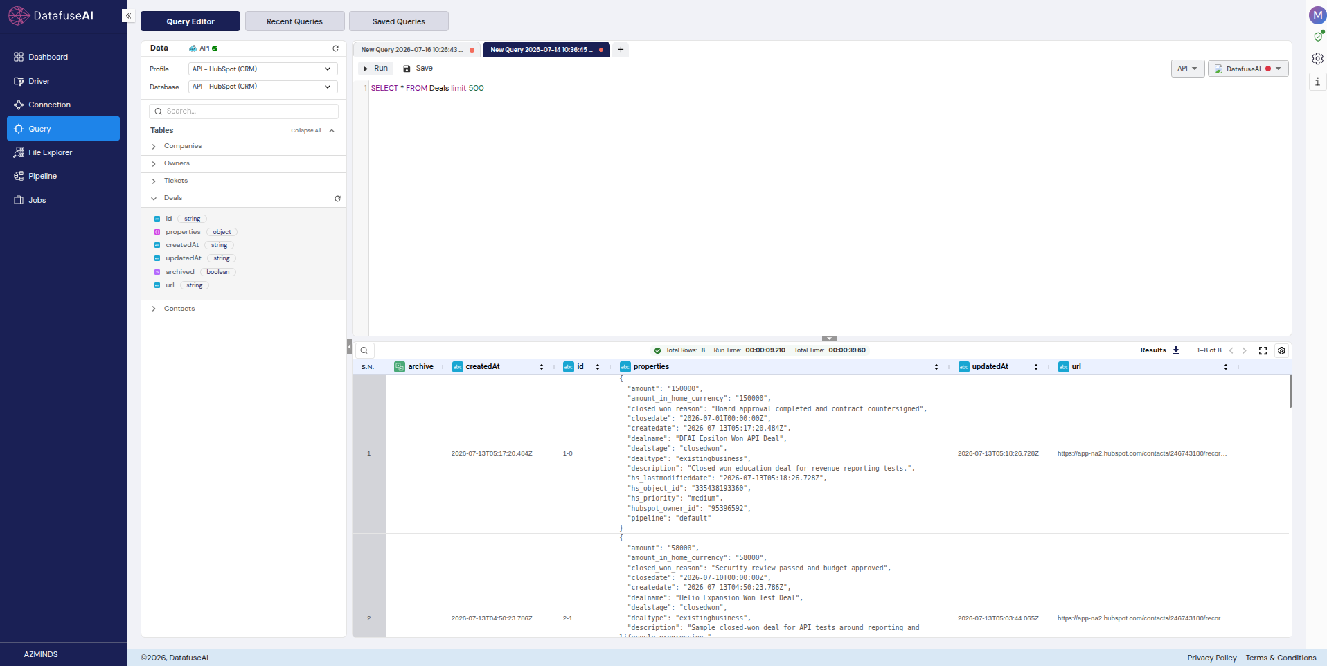 Query editor pointed at a REST API connection profile. The left panel lists each ingested object as a table with typed columns; the results grid shows a properties cell holding the raw JSON object as ingested.