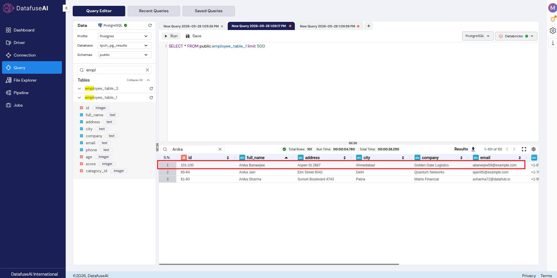 DataFuseAI Query Editor running SELECT * FROM public.employee_table_1, with the results grid filtered to the name Anika and showing three rows with the columns id, full_name, address, city, company and email.