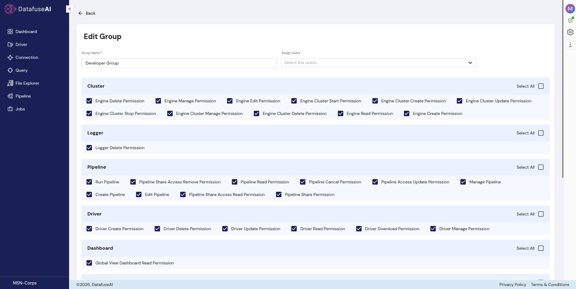 DataFuseAI Edit Group screen for Developer Group, showing a per-module permission checklist for Cluster, Logger, Pipeline, Driver and Dashboard, each module with its own Select All toggle.