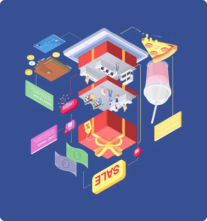 Isometric illustration of a retail store cut away into three levels — stockroom, shop floor, and a gift-wrapped box — surrounded by payment cards, cash, discount tags, cart and order labels, and a delivery tag, all joined by connecting lines.