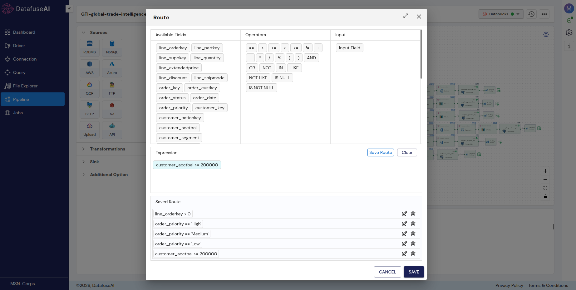 The Route transform modal in DataFuseAI, showing available fields, operator buttons, a routing expression, and the saved route list with edit and delete controls per rule.