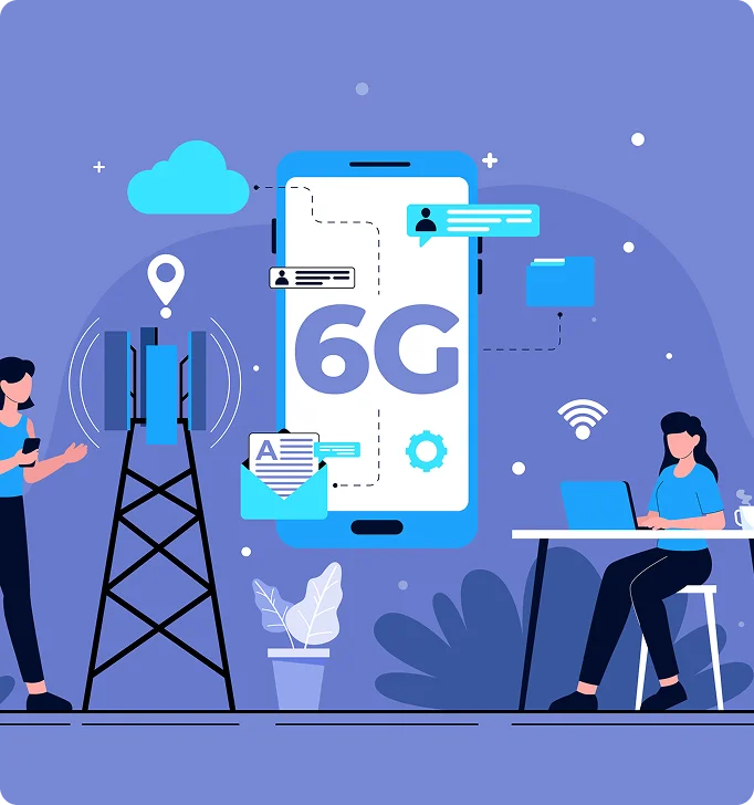 Illustration representing connected telecom data systems across network, billing, and customer platforms.