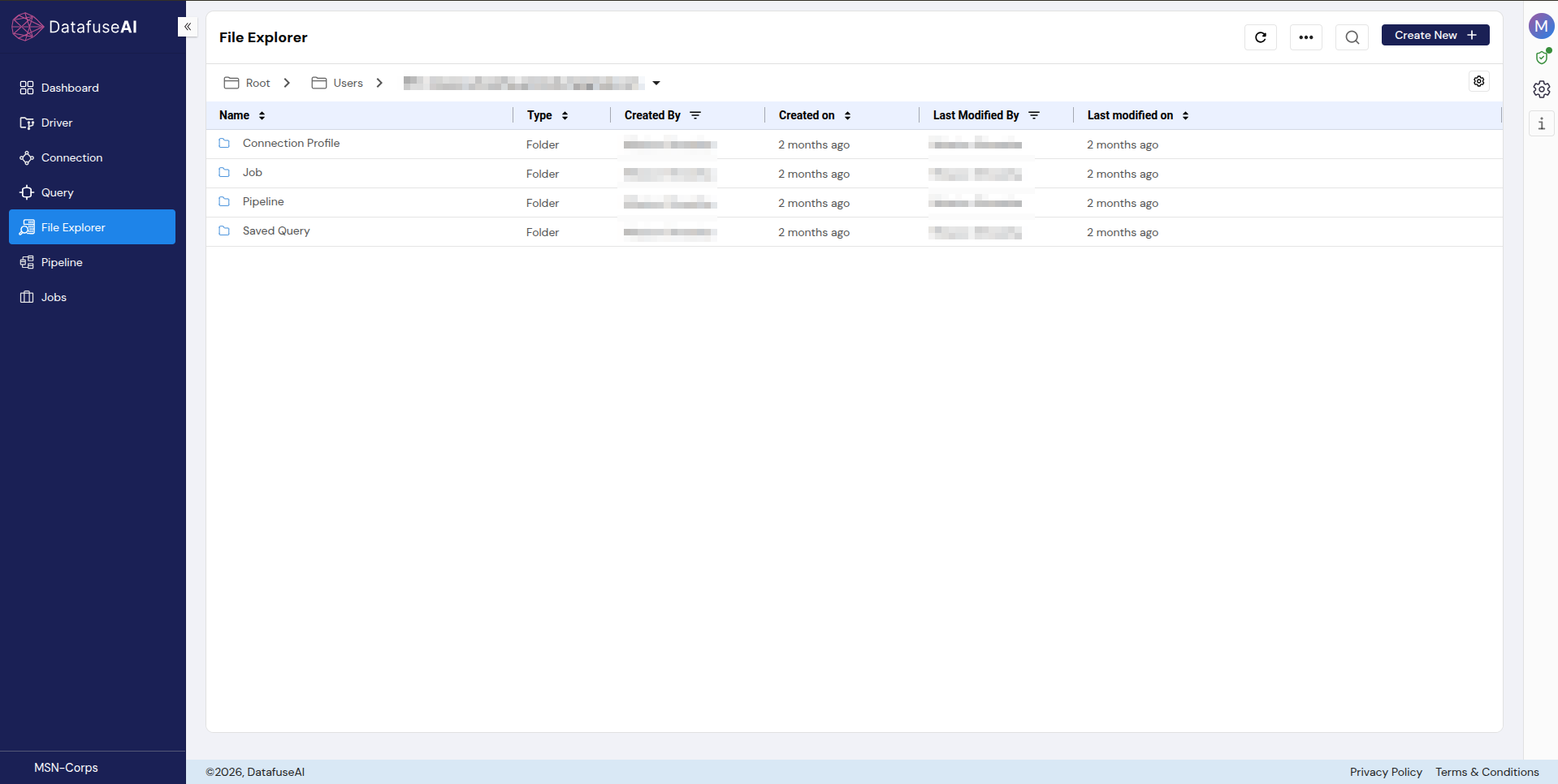 A single user's folder in DataFuseAI File Explorer, one level below Users, containing Connection Profile, Job, Pipeline and Saved Query folders.