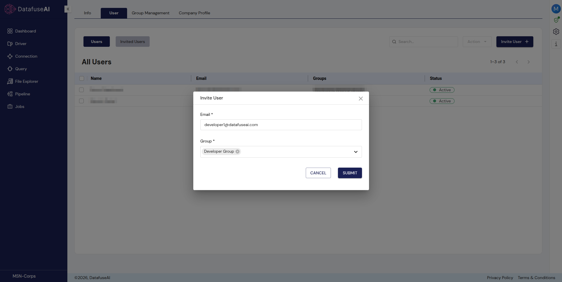 DataFuseAI Invite User modal with an Email field and a Group multi-select holding Developer Group, layered over the All Users table with Users and Invited Users tabs and Active status chips.