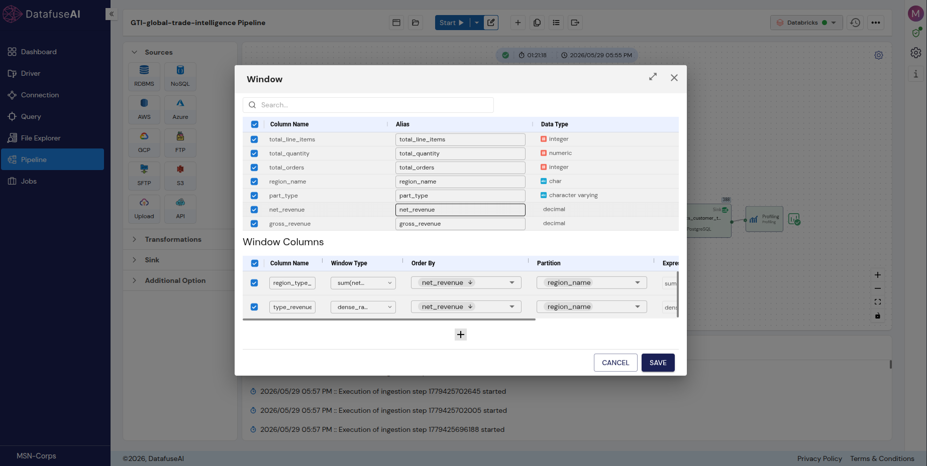 The Window transform modal in DataFuseAI, showing the incoming column list above a Window Columns table with window type, order by, partition and expression per row.